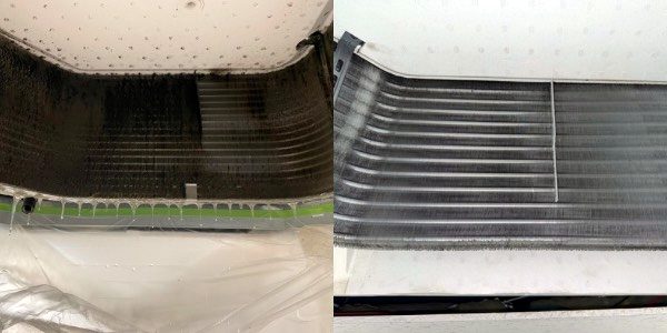 業務用エアコンの熱交換器 洗浄前と洗浄後